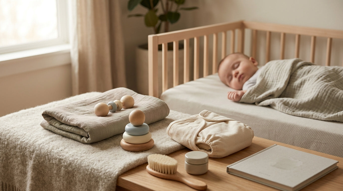A glowing red nightlight on a bedside table next to baby items