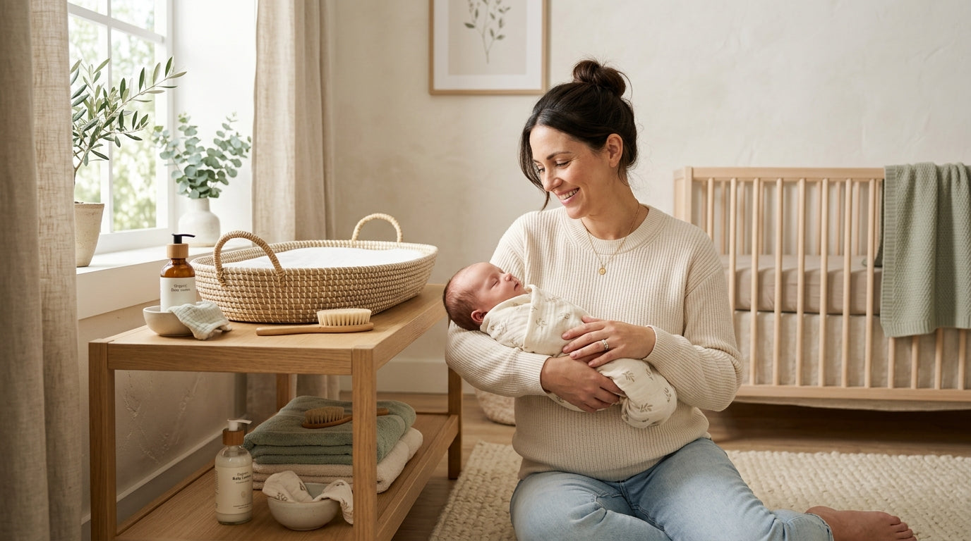A very chunky newborn sleeping peacefully in a stretchy organic cotton bodysuit.
