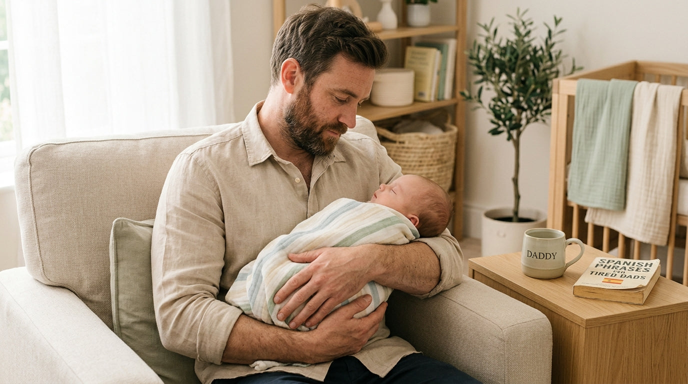 Exhausted dad holding two toddlers while looking at a Spanish translation app on his phone