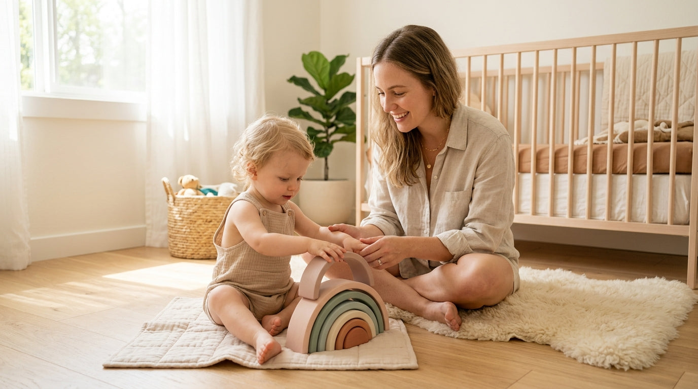 Pediatric nurse reading news on phone while toddler plays
