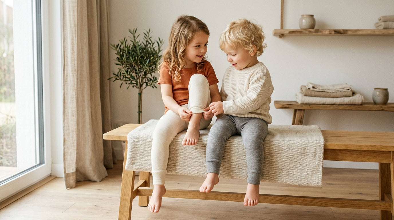 A messy pile of ribbed organic baumwoll leggings next to a half-folded laundry basket