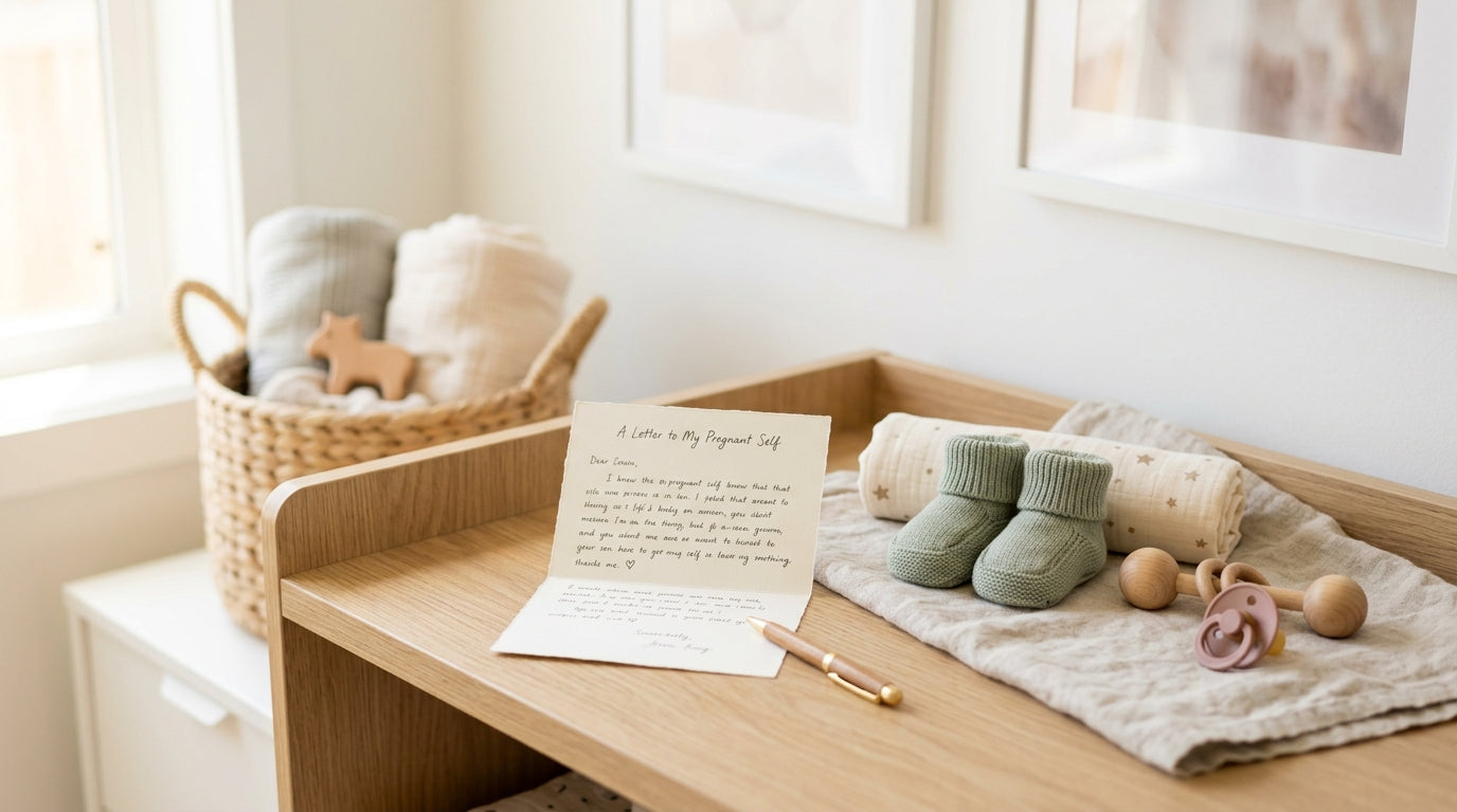 A wooden baby gym and pacifier clip sitting on an organic cotton swaddle