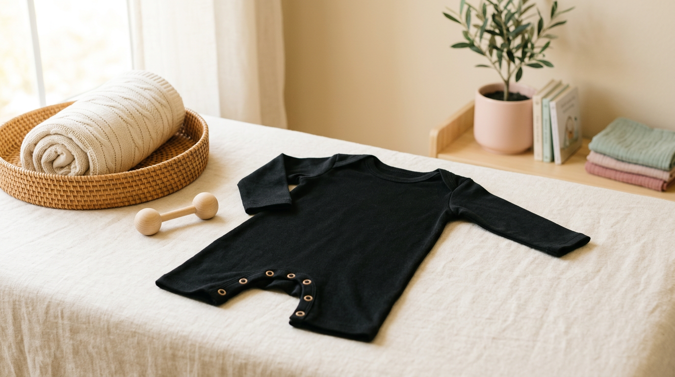 Tired dad holding twin babies wearing identical dark bodysuits