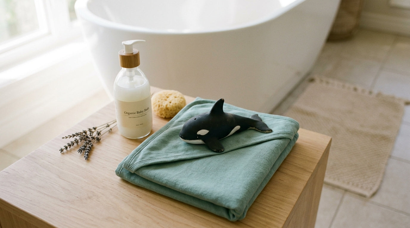 A tired mom holding a killer whale baby bath toy over a trash can while holding a coffee mug