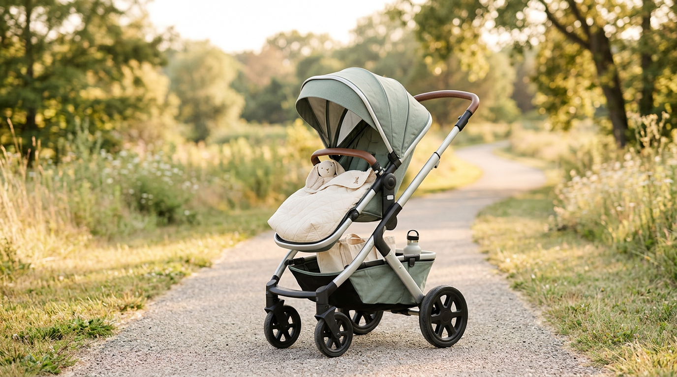 A frustrated dad looking at a buggy with a bamboo blanket safely clipped to the side instead of covering the front