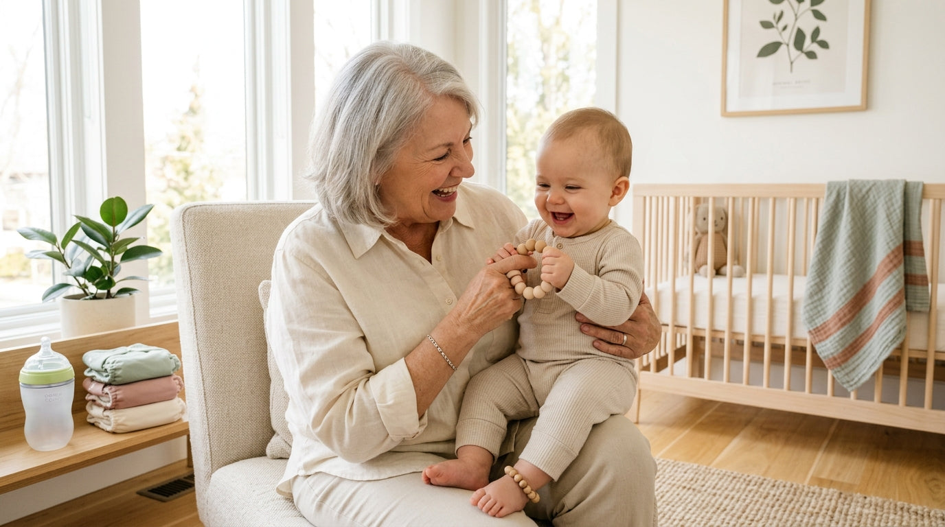 A tired mother holding a baby while looking skeptically at a vintage drop side crib