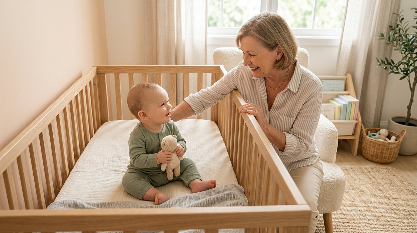 Sarah holding a cold cup of coffee while looking stressed next to a pile of vintage toys.