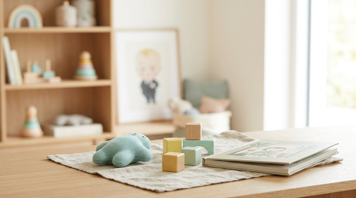 Toddler playing with a wooden rainbow baby gym on a soft playmat in a sunny living room.