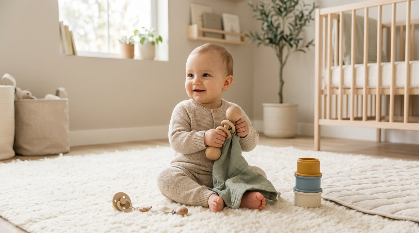 A toddler holding a toy phone while sitting on an organic bamboo blanket.