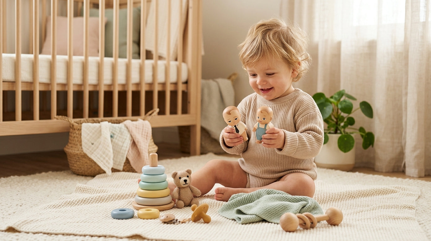 Toddler in a suit standing next to an older sibling holding a blanket
