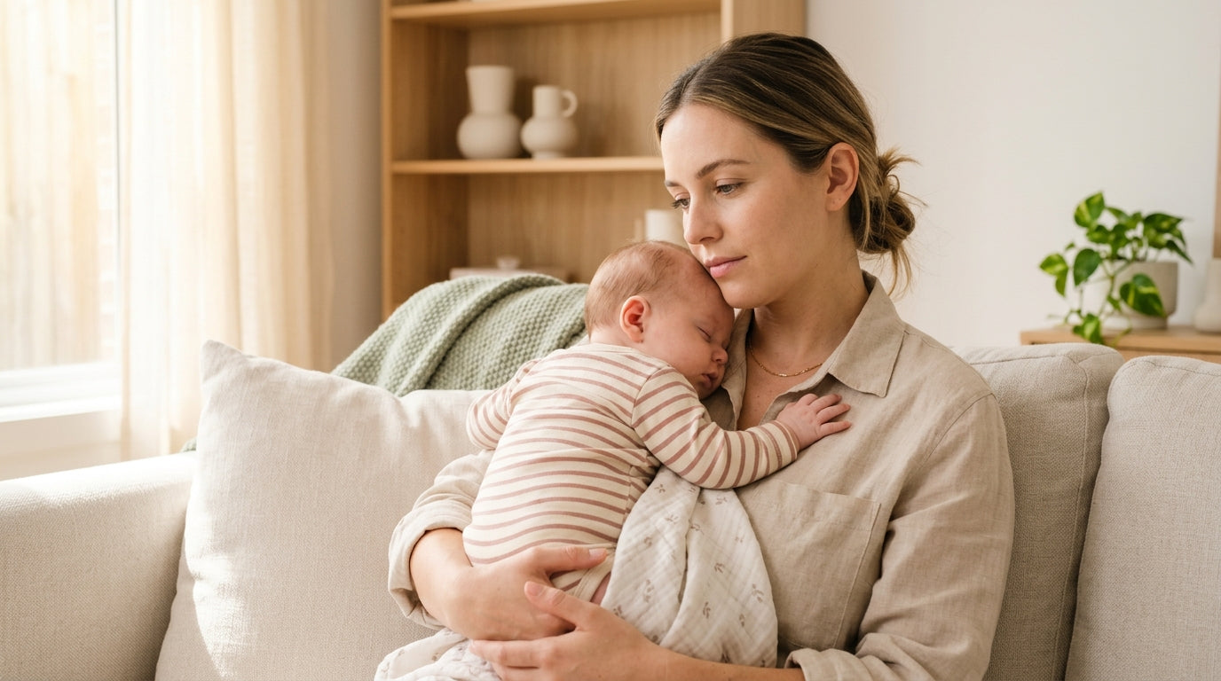Stressed mother sitting on a couch checking a video baby monitor in the dark