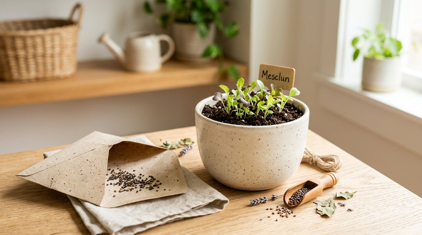 A dad holding pureed homegrown organic lettuce next to a baby in a highchair