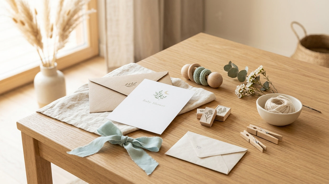 A stressed dad looking at baby shower invitations on a laptop.