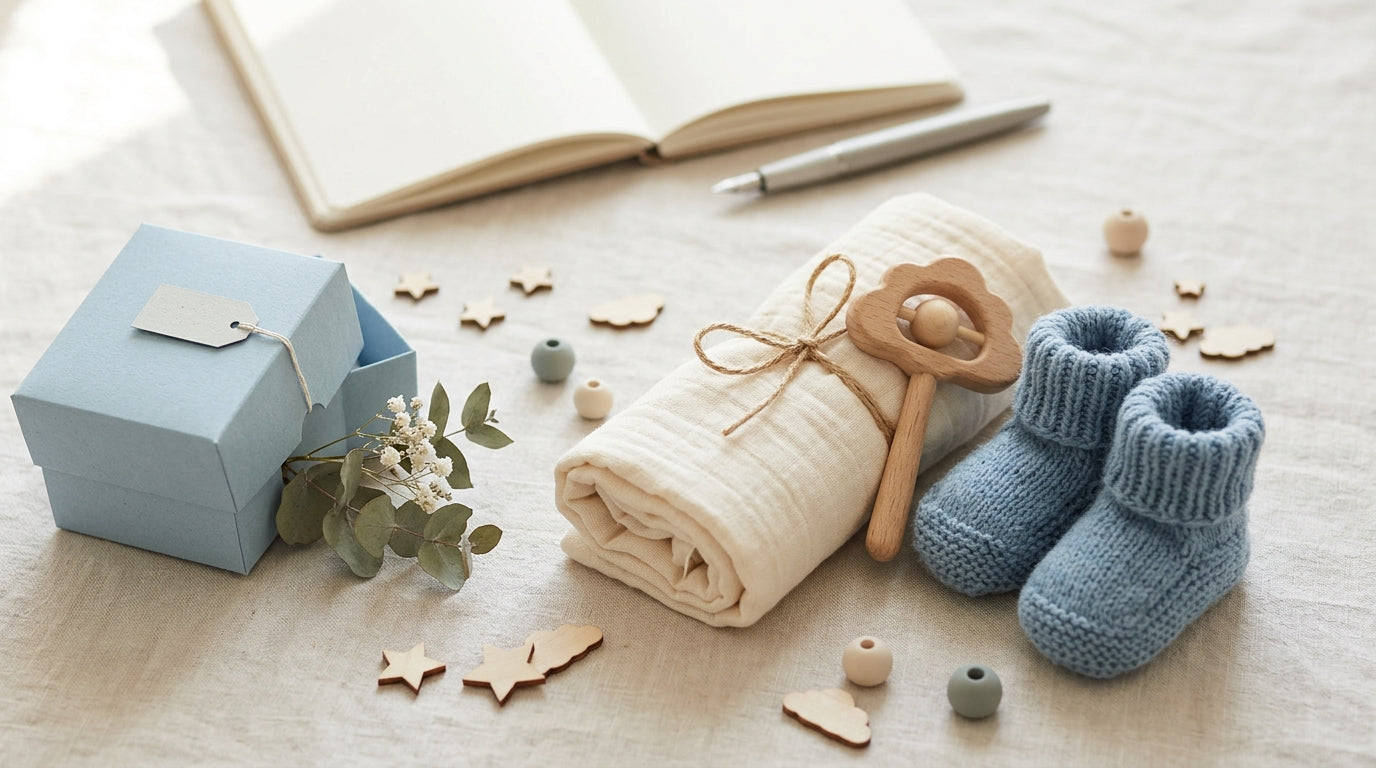 Dad tracking baby shower food temperatures while holding wooden toys