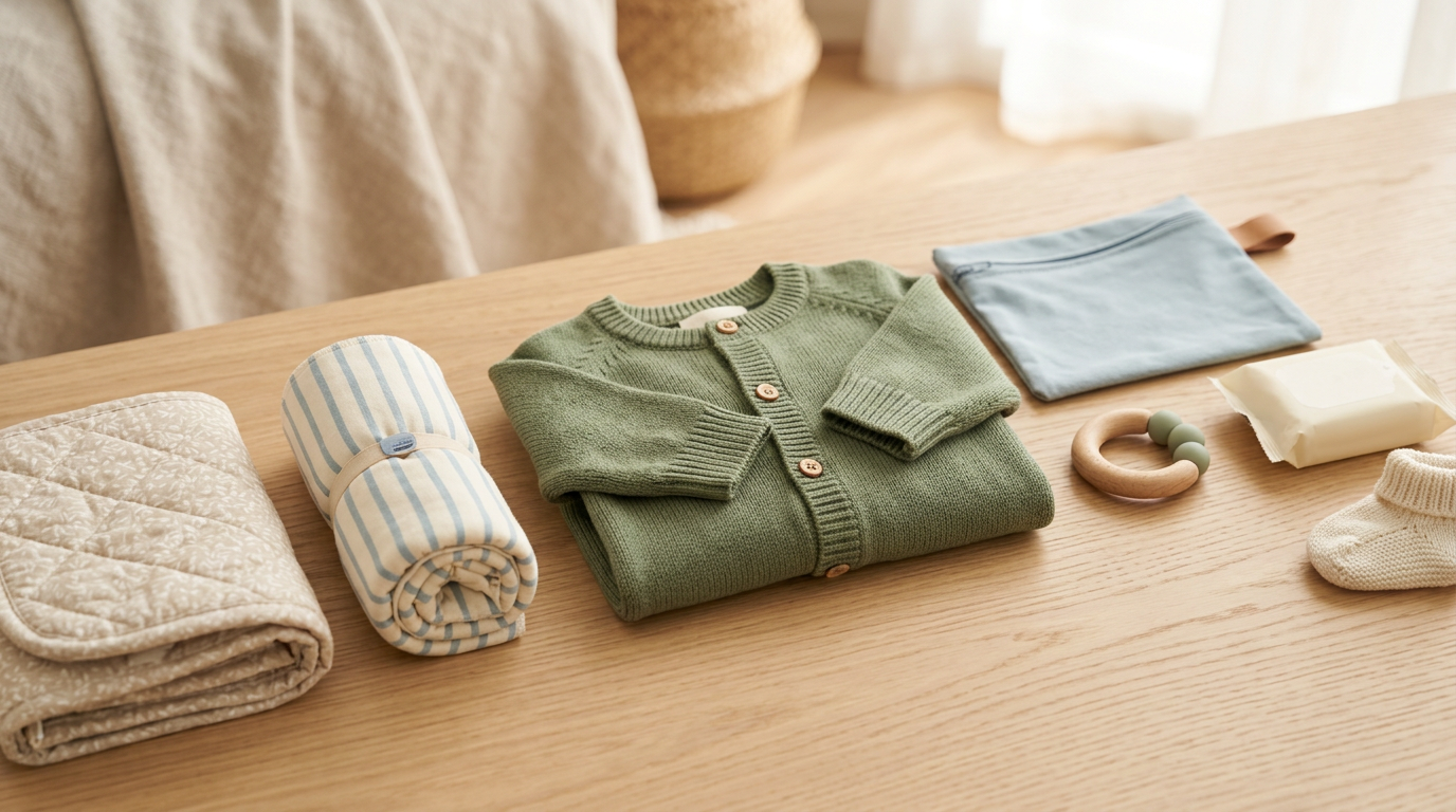 Toddler boy wearing a sustainable knit cardigan over a cotton tee playing outdoors
