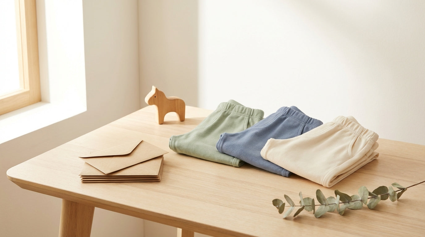 Little boy standing in organic cotton jogger pants looking stubborn