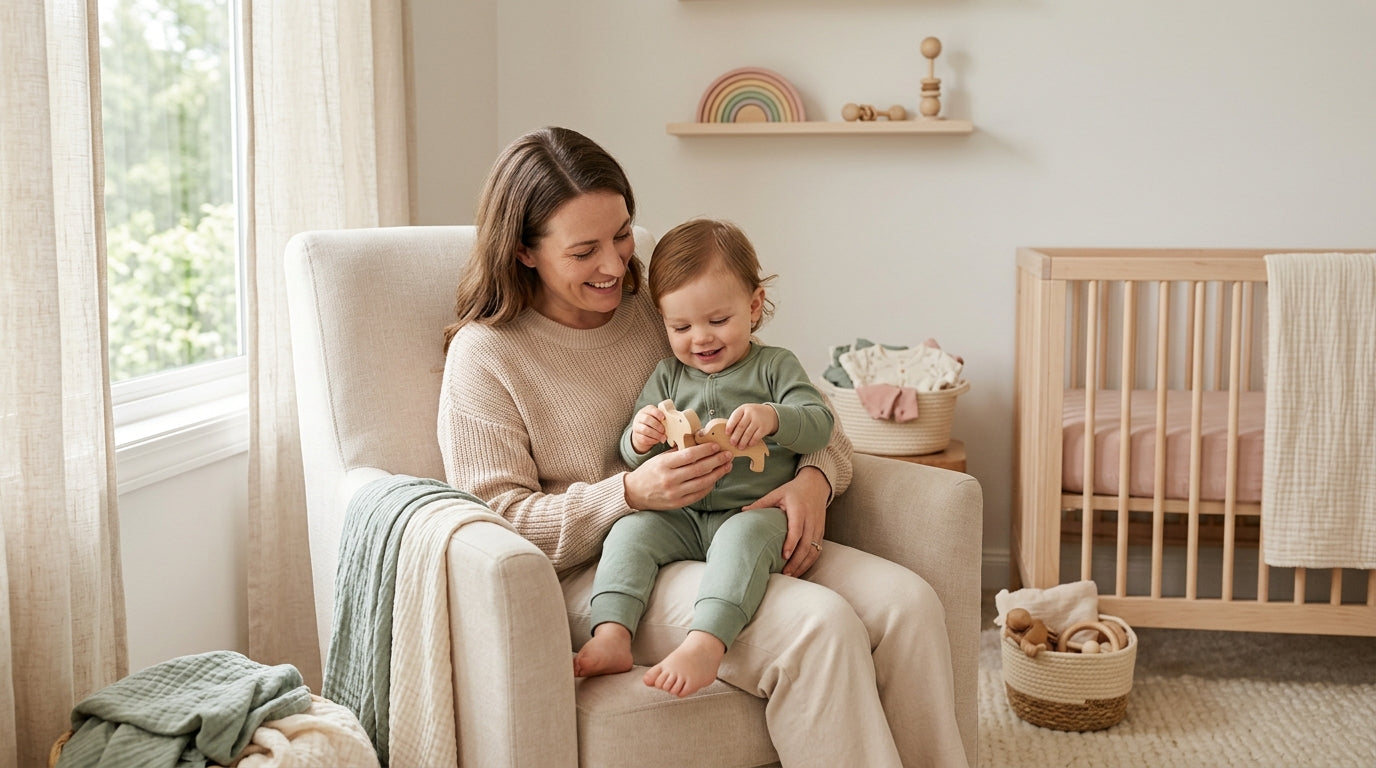 A tired dad holding a baby looking confused at a television screen