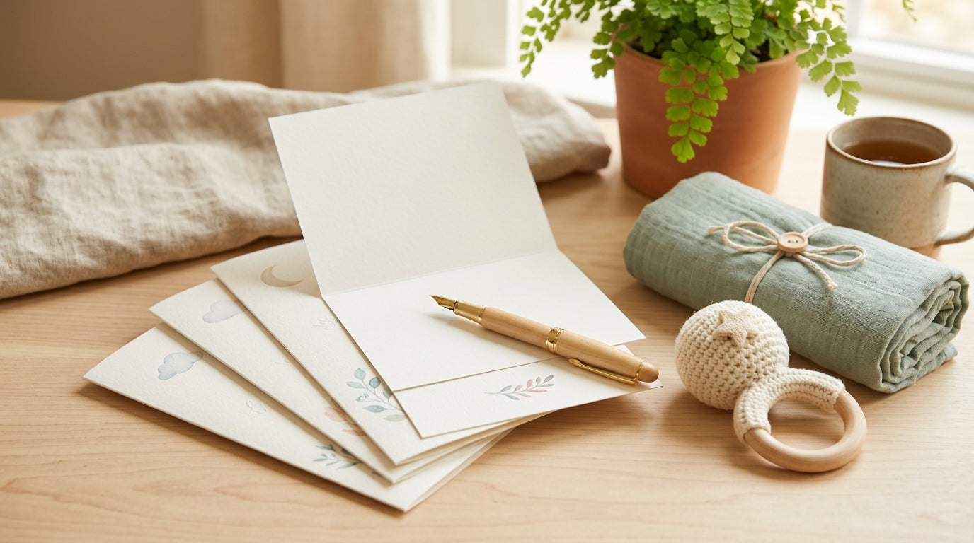 A messy living room floor with a half-written baby shower card and coffee cup