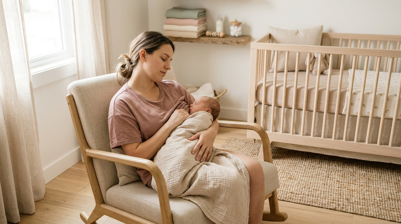 Exhausted mother holding newborn baby in a dimly lit nursery