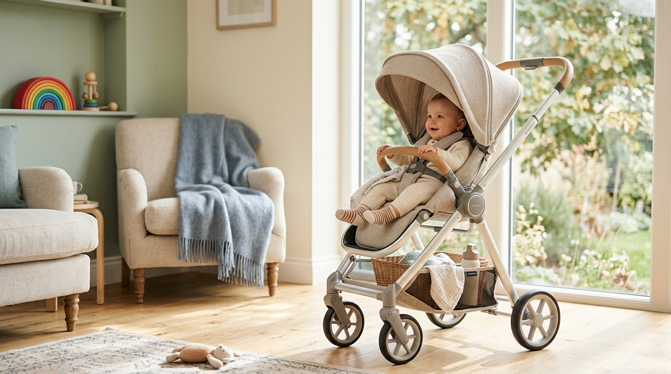 A dad looking exhausted while pushing a double stroller through a rainy London park