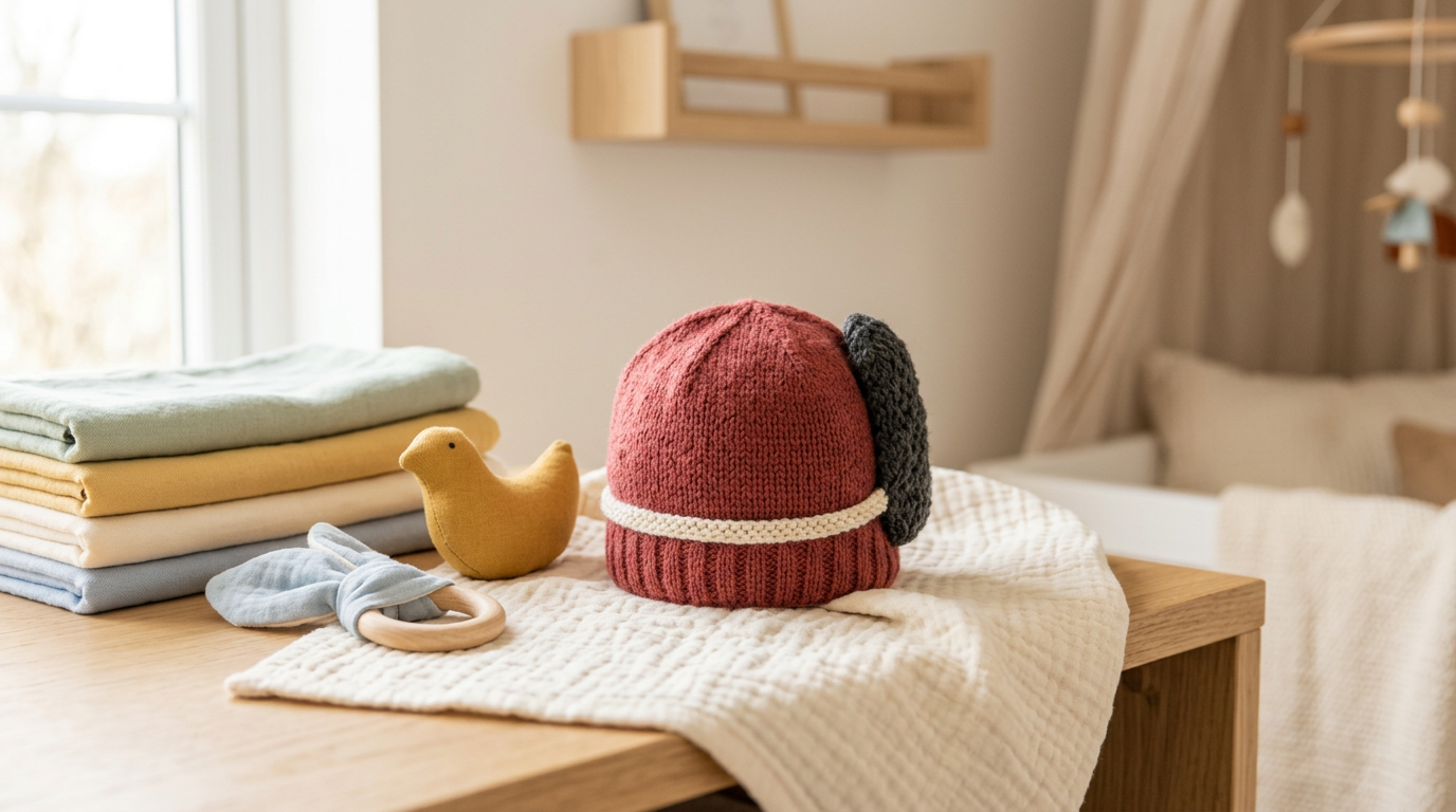 Two angry twin babies wearing oversized fluffy novelty hats indoors.