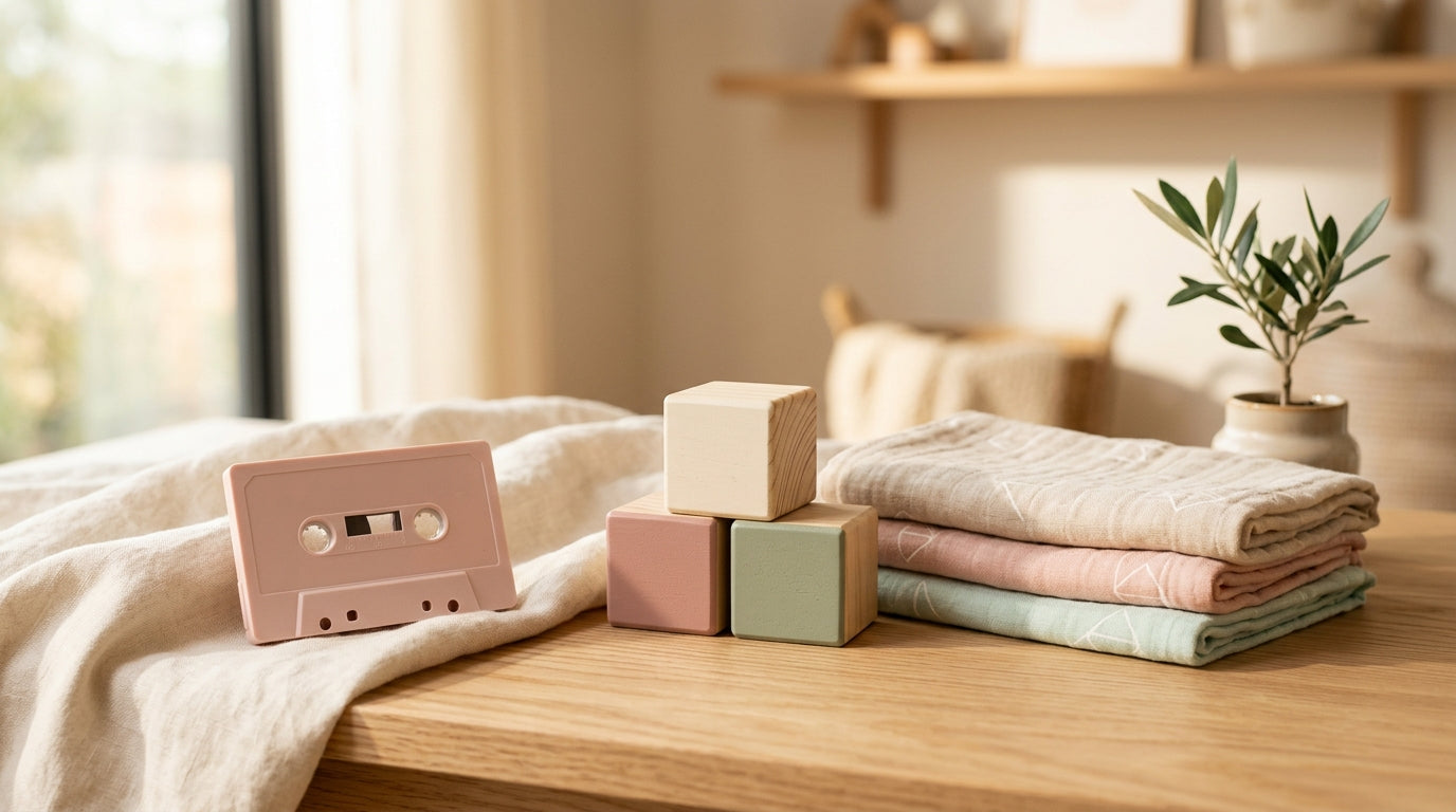 A stressed mom holding a baby while a smart speaker plays music.