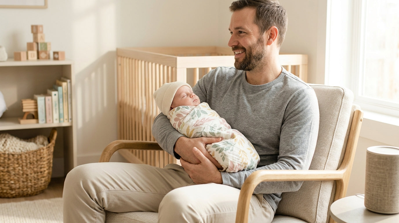 Exhausted dad holding a baby in a bamboo blanket while looking at his phone