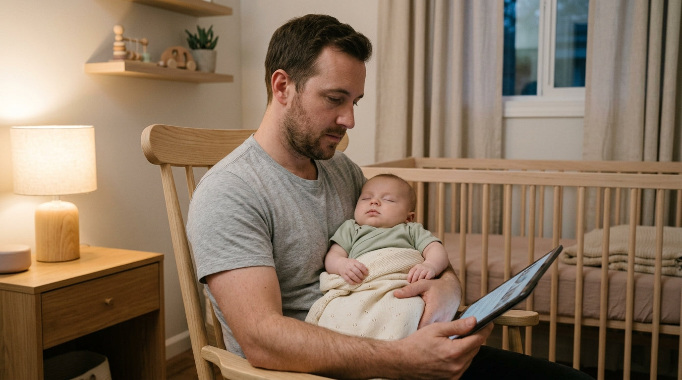 Exhausted dad staring at a television screen while holding a sleeping infant