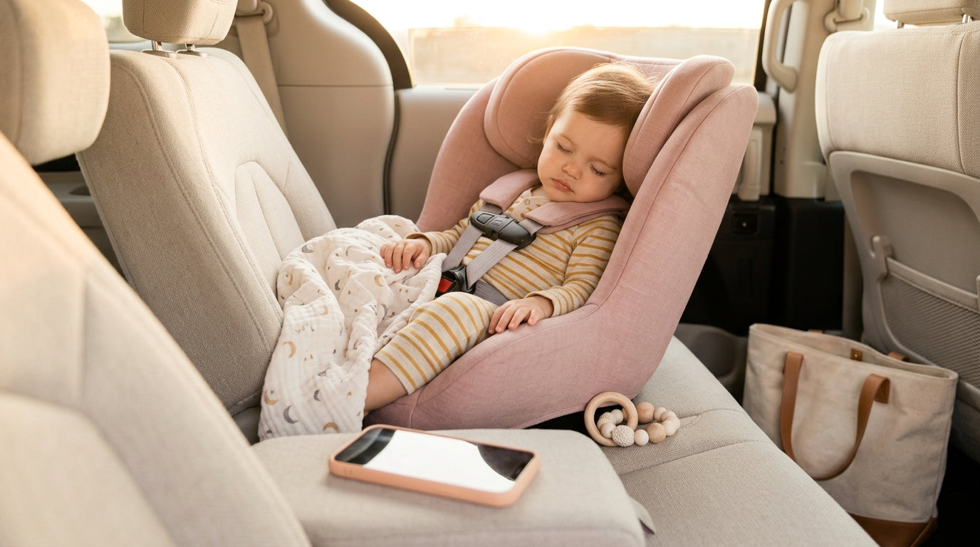 Stressed mom spilling lukewarm coffee in the driver seat of a minivan