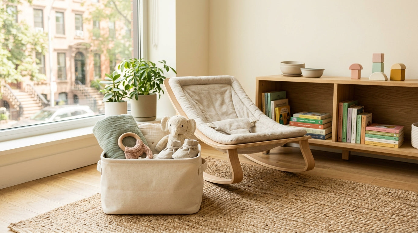 Mother carrying baby and folding stroller in a crowded city apartment