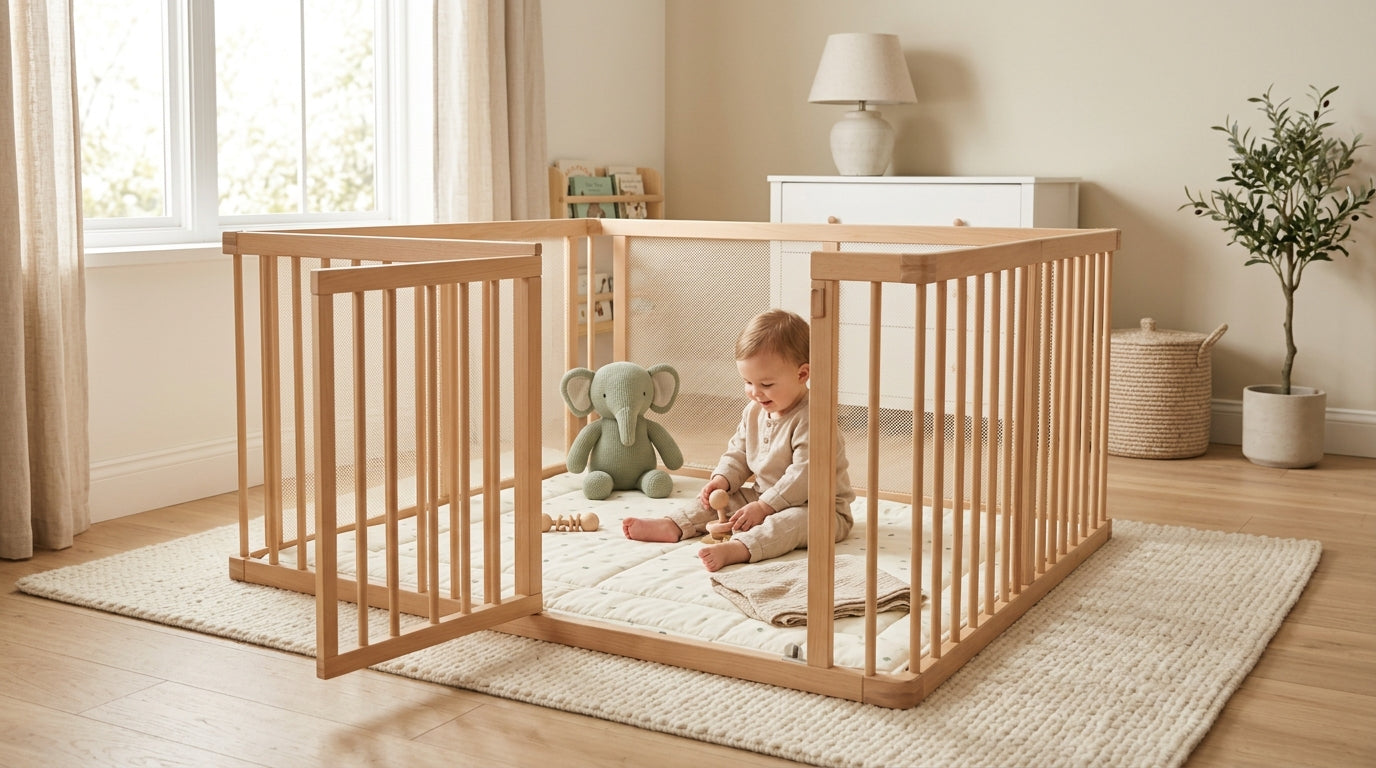 A wooden baby playpen set up in a living room with a neutral play gym inside.