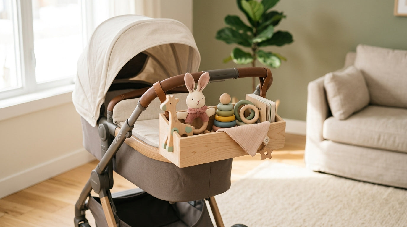 Maya screaming in a stroller while I hold a dropped buggy spielzeug and a spilled coffee