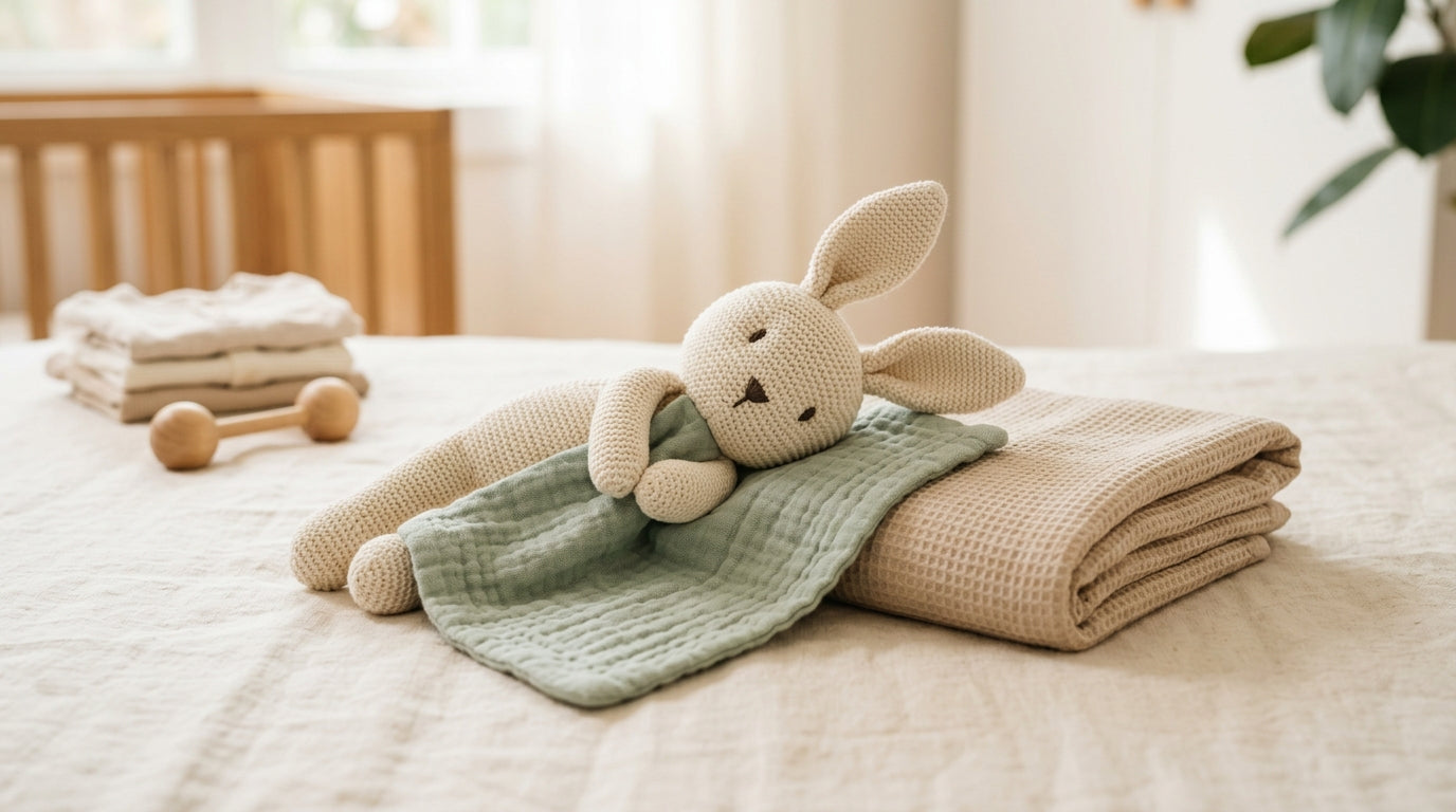 Sarah sitting on the floor with coffee and a half-chewed organic bunny baby blanket
