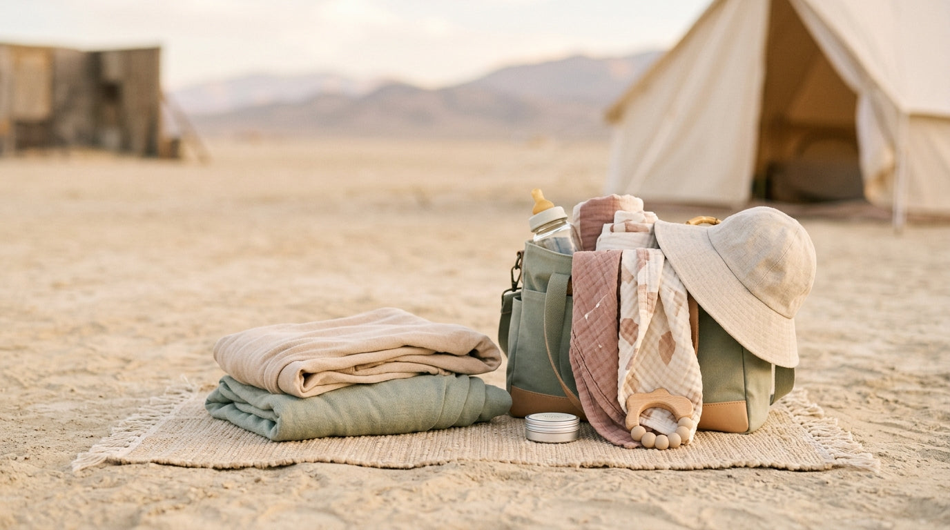 A dad looking completely exhausted while holding a toddler in desert gear