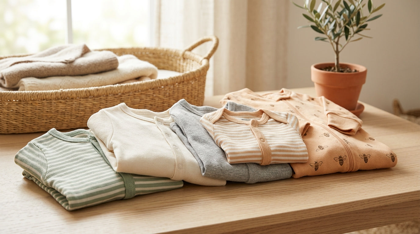 A tired mom holding a baby wearing a very long onesie in a dim nursery