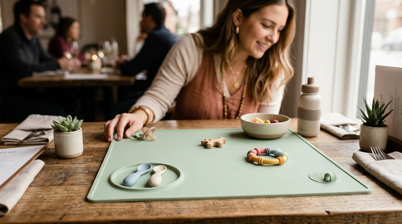 A grey silicone busy baby mat suctioned to a messy wood restaurant table