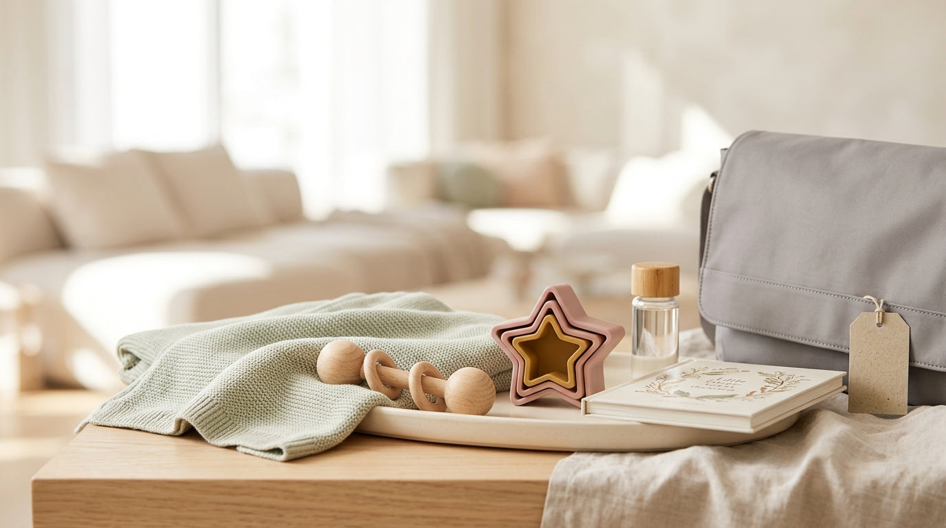 A mom holding a baby registry scanner gun looking overwhelmed in a store aisle