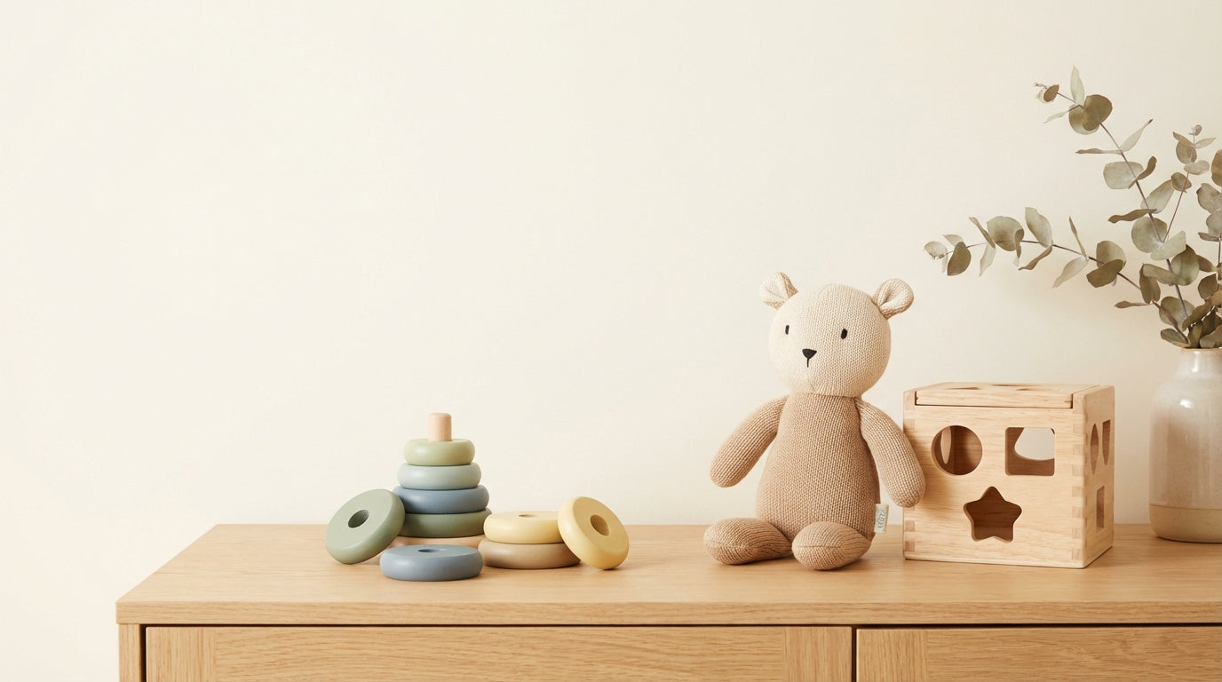 A wooden rainbow play gym on a natural rug surrounded by simple baby toys