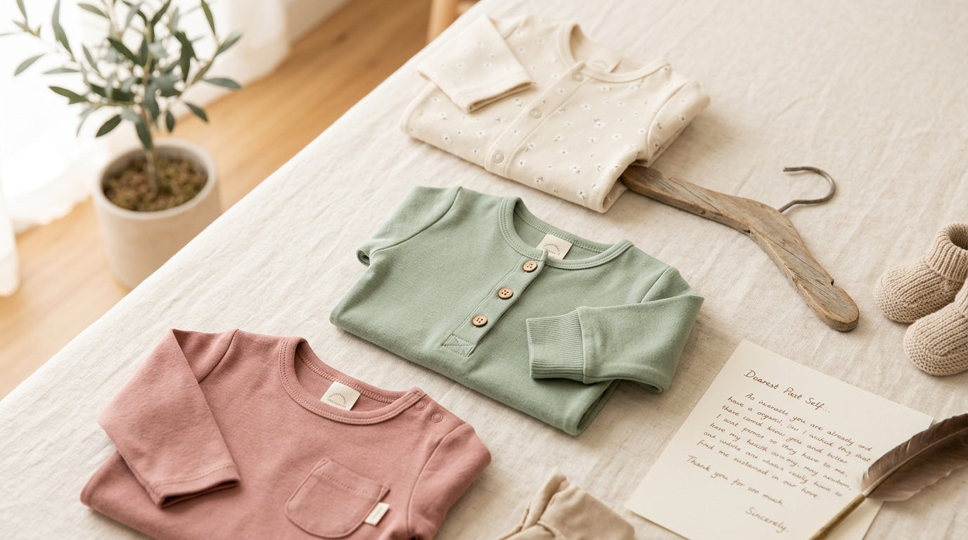 A sleepy baby wearing a soft organic cotton romper on a changing table.