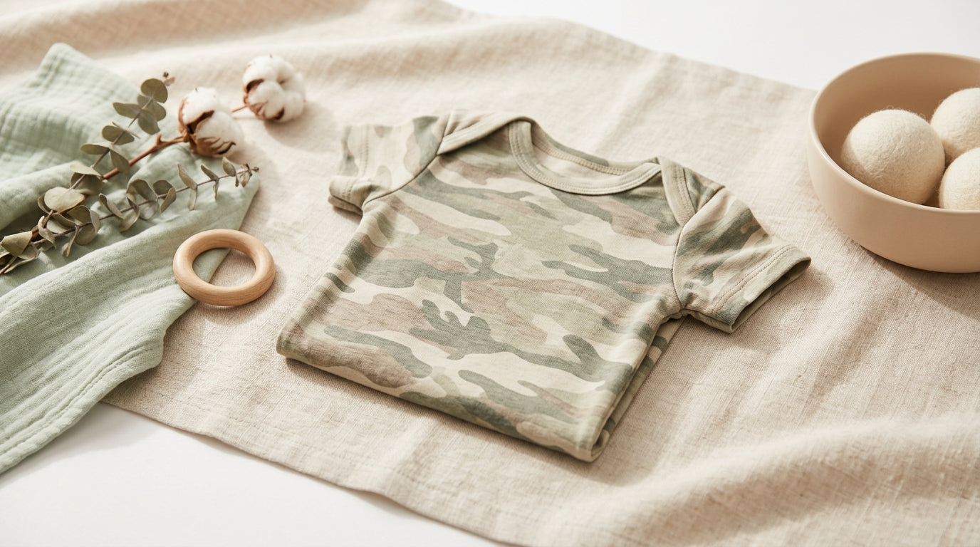 Toddler wearing a camouflage shirt holding a silicone teether