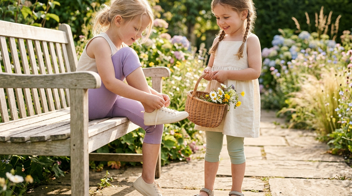 Toddler girl in organic cotton capri leggings playing outside in the Texas summer heat.