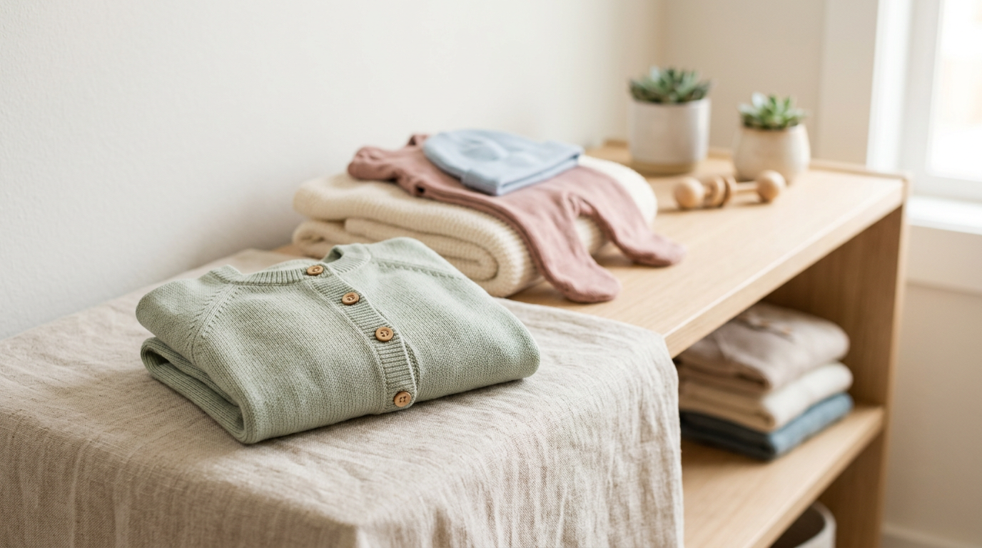 Frustrated mom holding a tiny baby cardigan and drinking lukewarm coffee