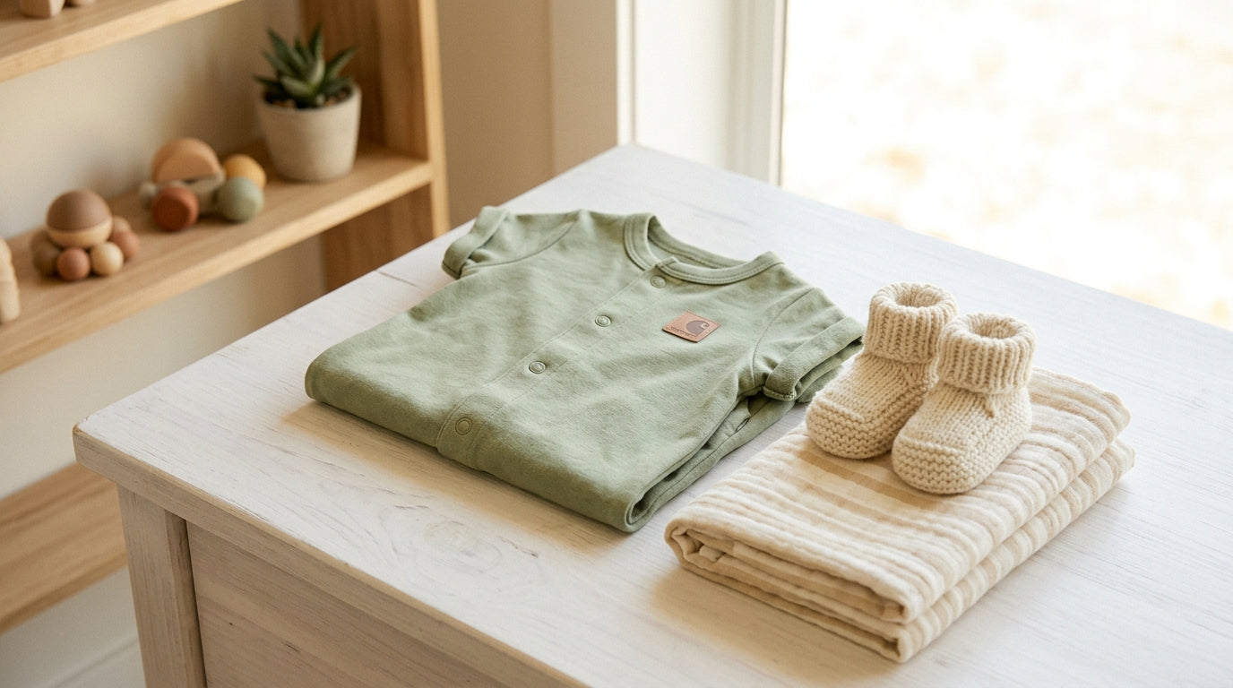 Toddler wearing canvas overalls and a soft organic cotton long sleeve bodysuit