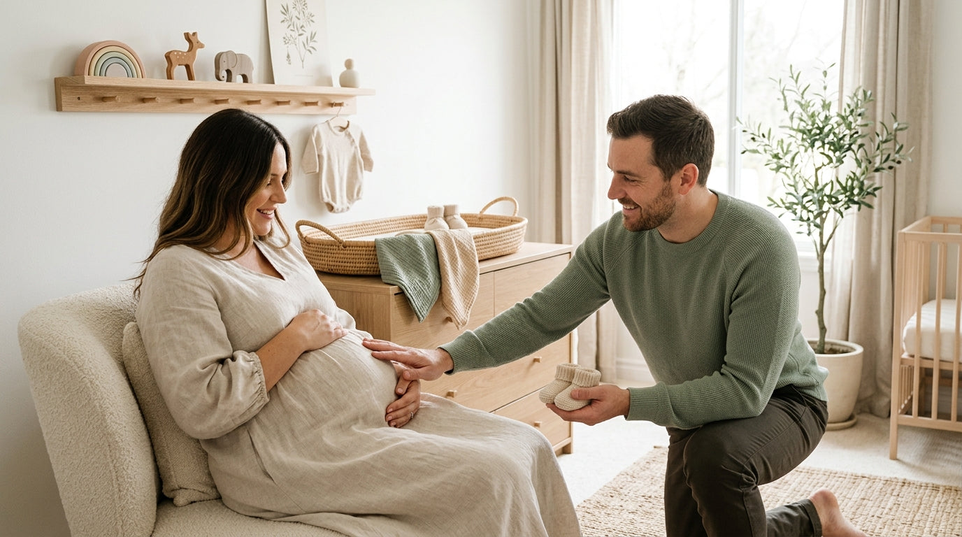 Tired mother holding a sleeping newborn while looking at a smartphone screen in a dark nursery