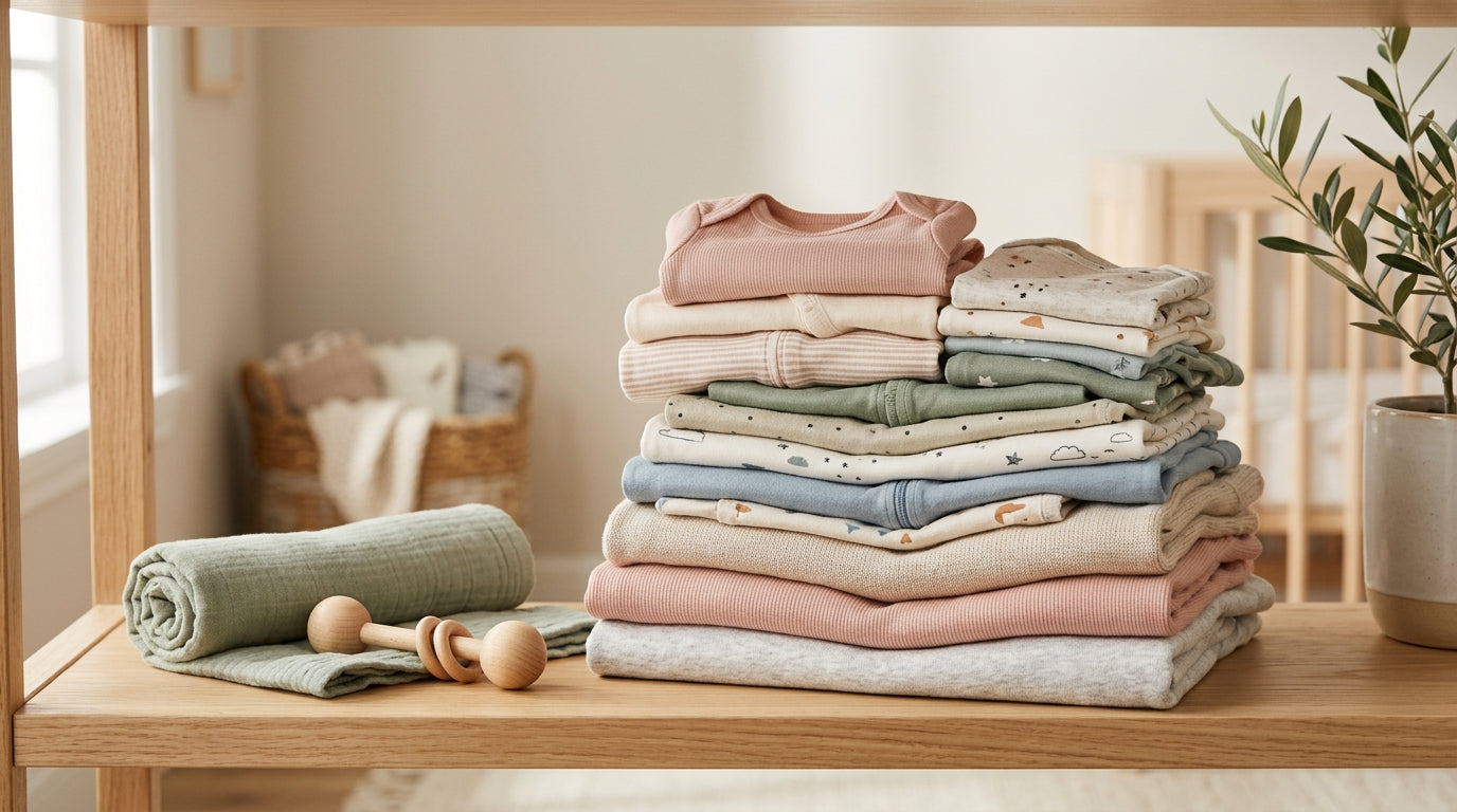 Mountain of folded baby clothes on a nursery floor next to a diaper caddy