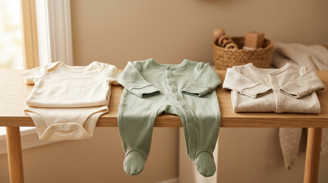 A tired mom folding a massive pile of tiny cotton sleep and plays.