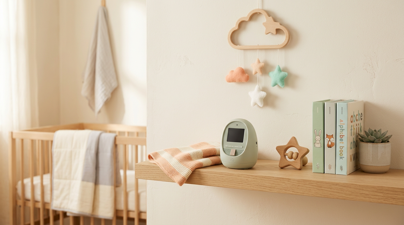 A confused dad holding a phone and a baby teether in a nursery