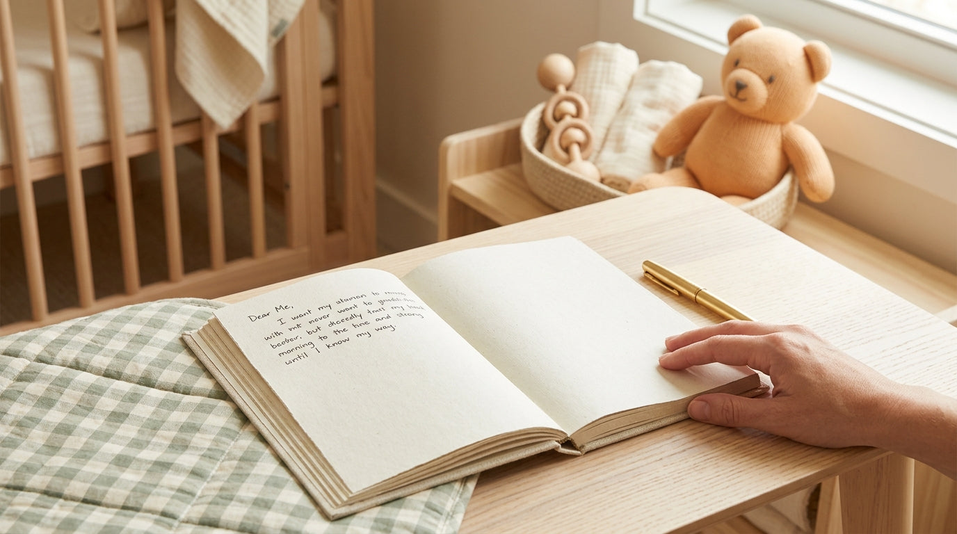 A tired dad looking at his phone in the dark while holding a baby