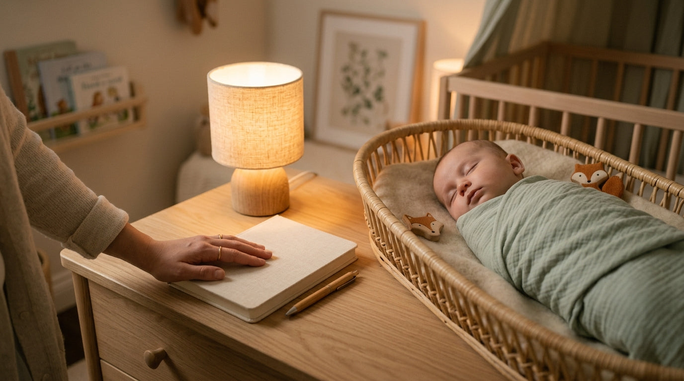 Exhausted mom holding a crying newborn baby in a dimly lit nursery while looking desperately at her phone.