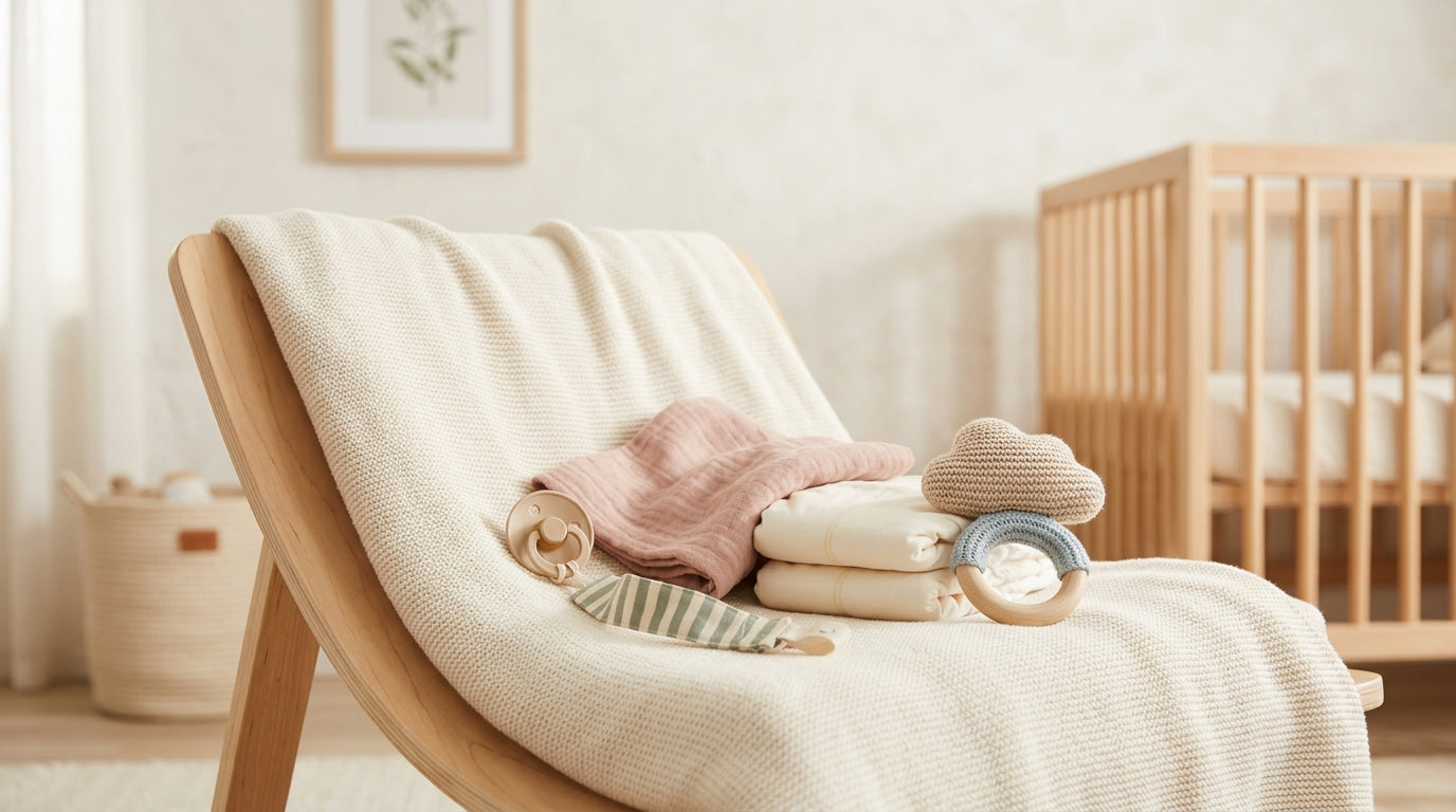 A tired mother holding a fussy infant in a dimly lit nursery